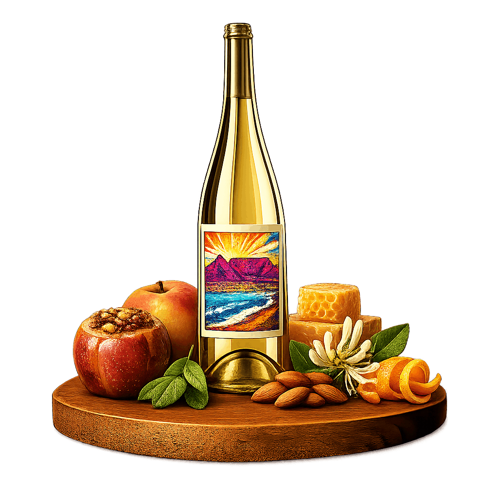 Artistic label and flavor profile for South African Cape White Blend on a rustic wooden table.