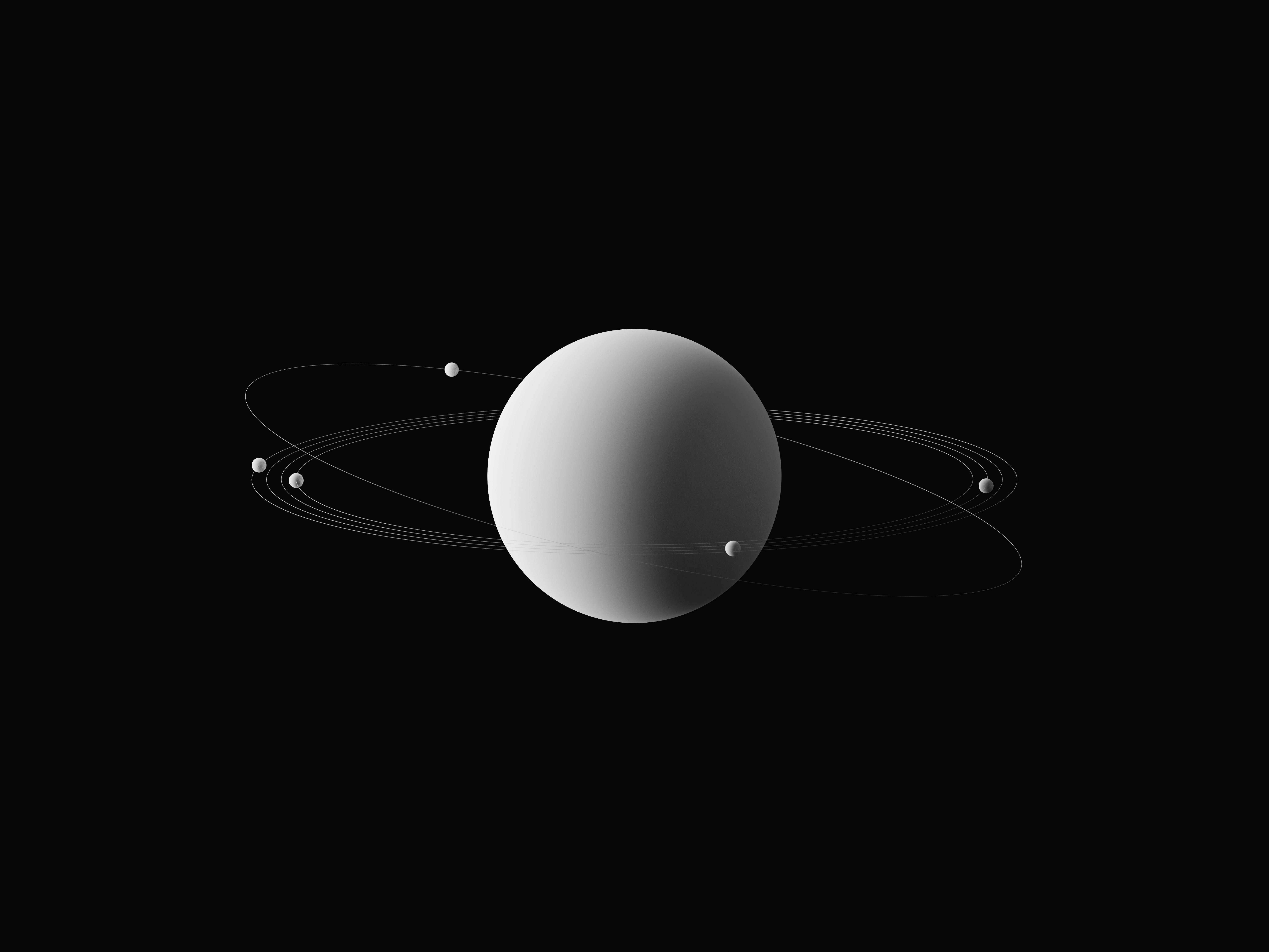 Central sphere surrounded by delicate orbital rings on deep black canvas