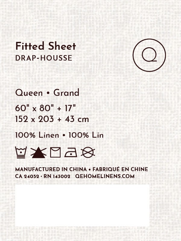QE Home Vintage Washed European Linen bag packaging — back panel with Fitted Sheet size specifications, fabric composition, care symbols, and bilingual manufacturing details