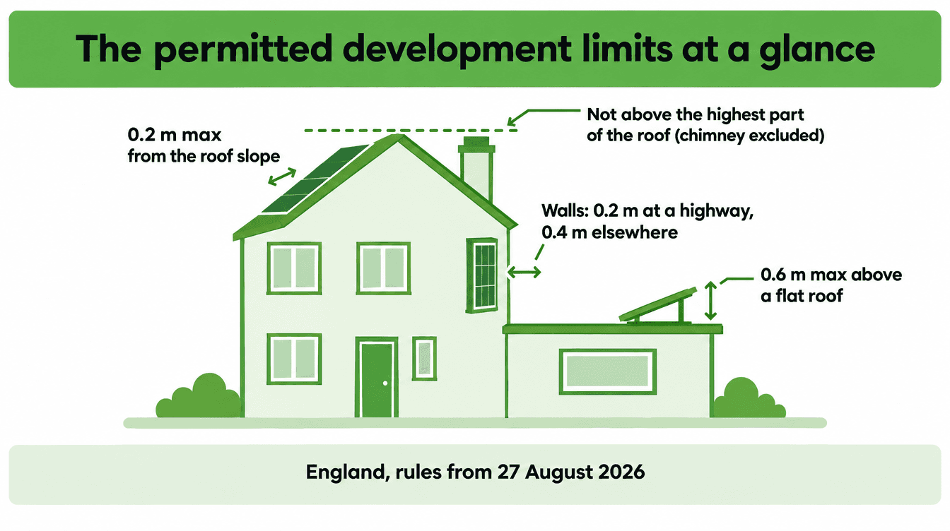Diagram of the permitted development limits for domestic solar in England from 27 August 2026
