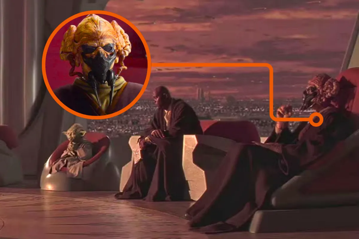 Jedi Master Plo Koon seated in the Jedi Council chamber alongside Yoda and Mace Windu, overlooking the Coruscant skyline at sunset. An inset zooms in on Plo Koon’s masked face emphasizing his presence as a respected member of the Jedi Council.