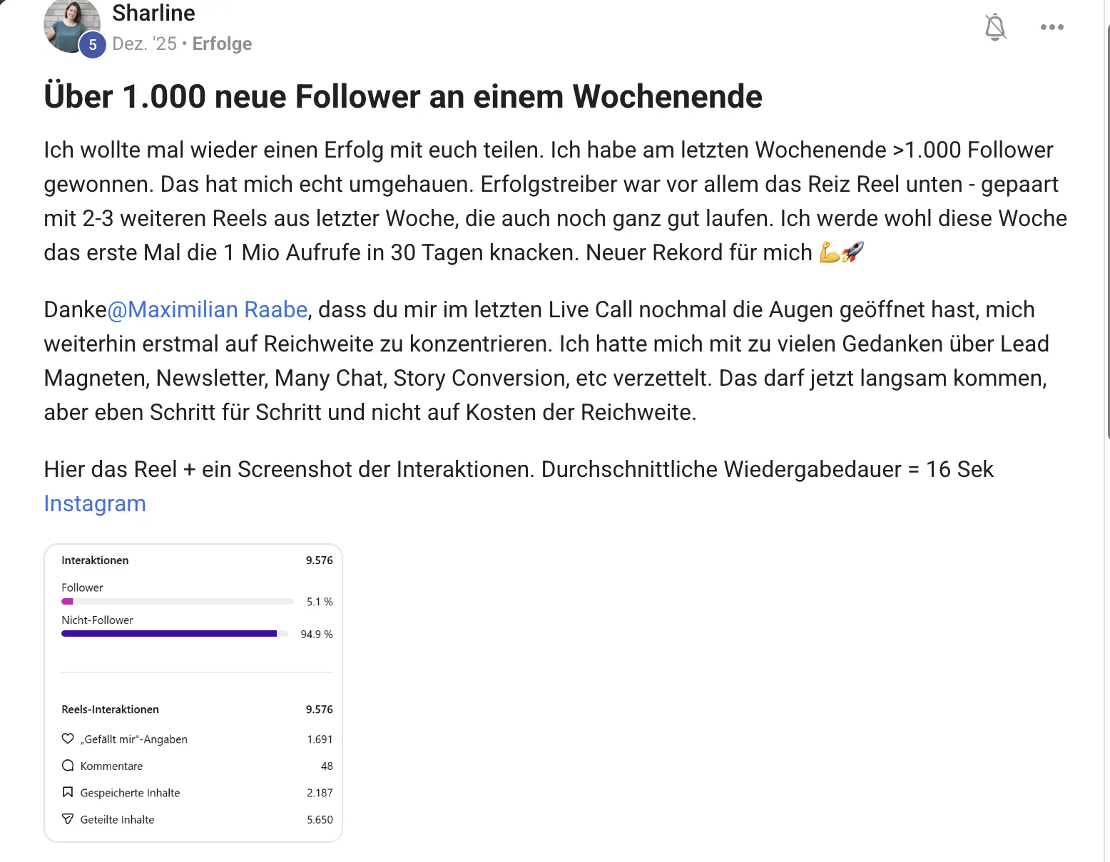 Erfolgsbericht KI Creator Akademie: Sharline gewinnt über 1.000 neue Follower an einem Wochenende