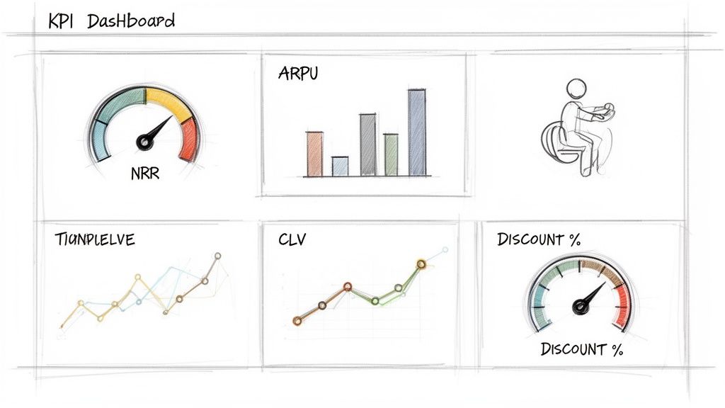A hand-drawn sketch of a KPI dashboard displaying various business metrics like NRR, ARPU, CLV, and Discount %.