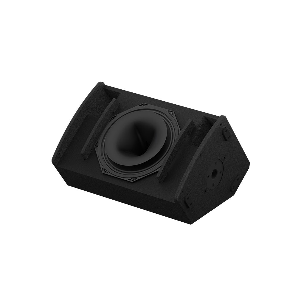 Black stage monitor speaker with visible woofer