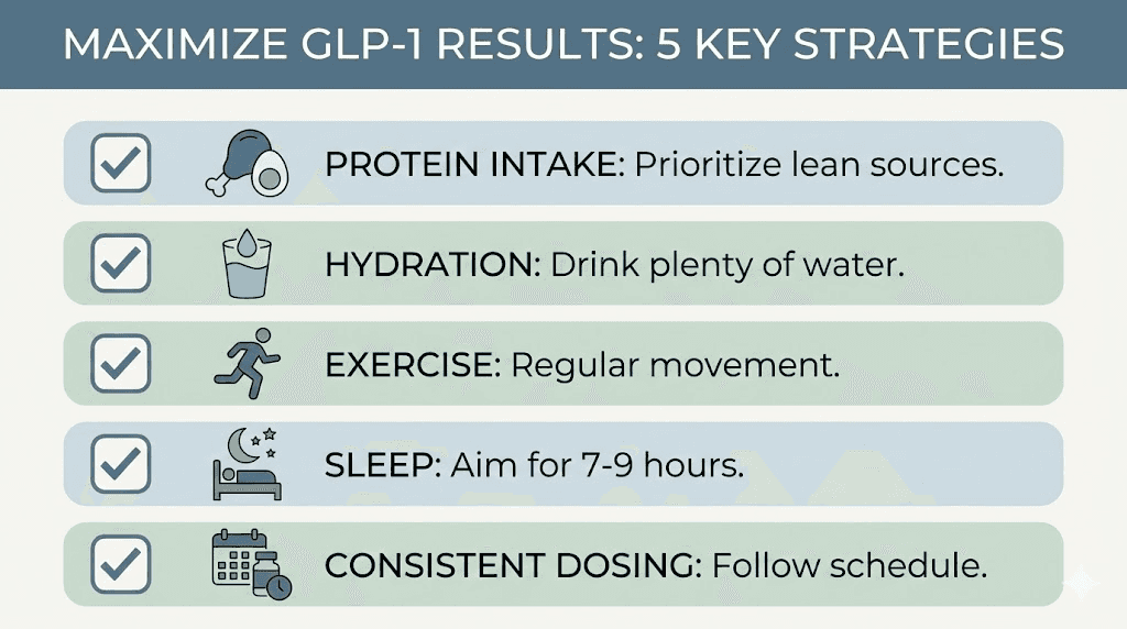 Five strategies to make GLP-1 medications work faster including protein hydration exercise sleep