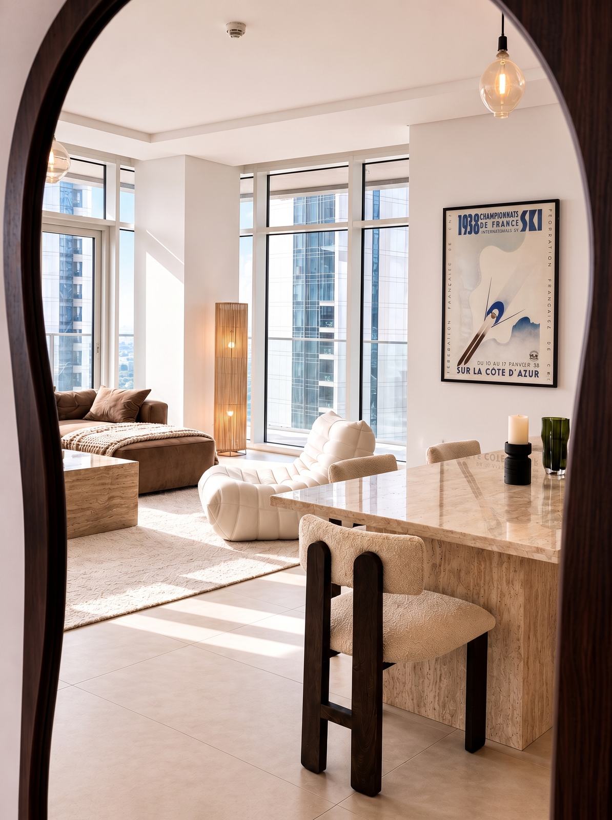Living area styled by alto, framed through an arched mirror