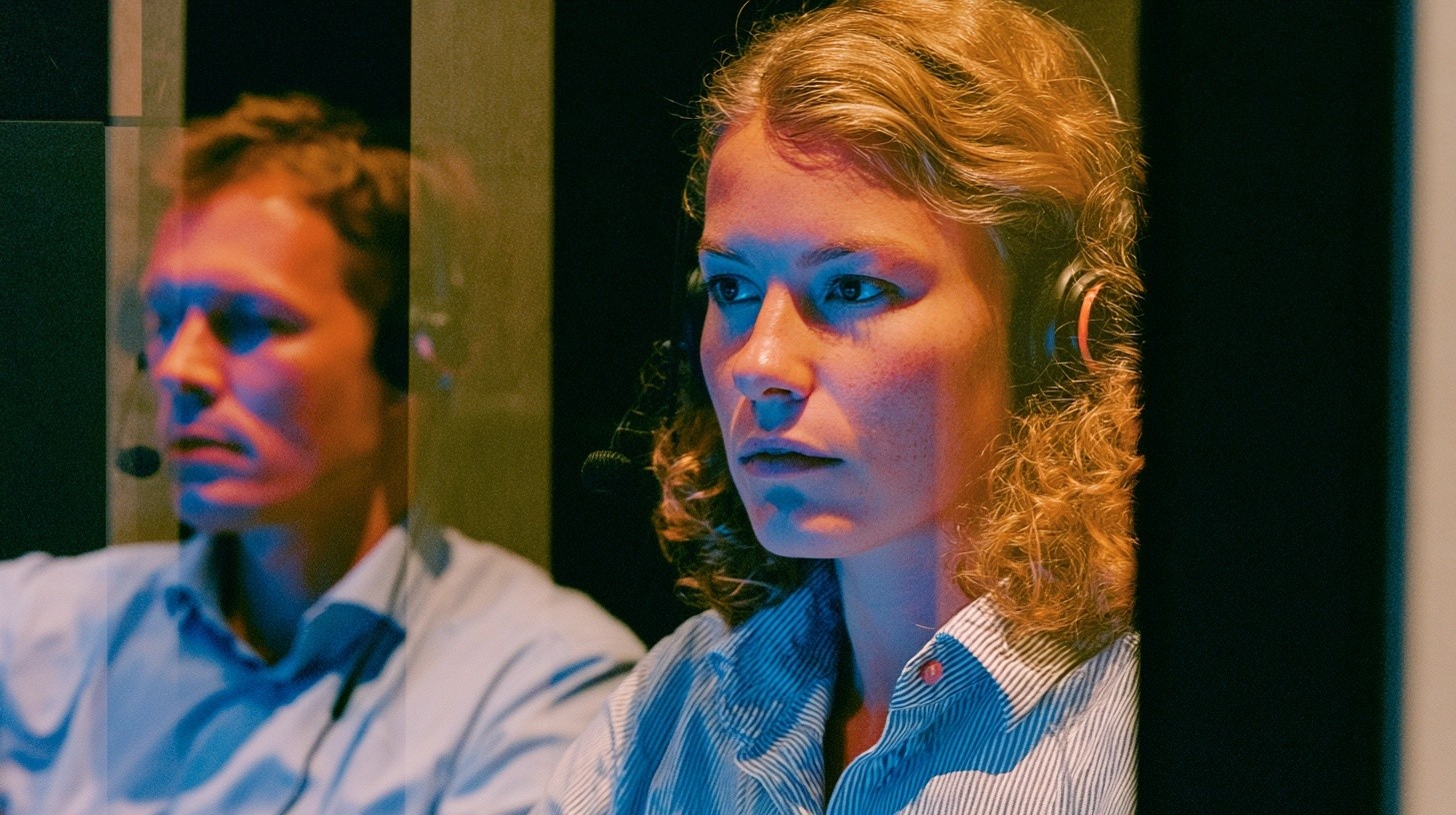 A compliance officer and voice-AI quality specialist test a collection-call script in a soundproof review room before launch, listening through professional headsets and checking the simulated conversation