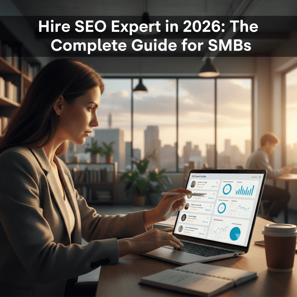 Business owner researching how to hire SEO expert with analytics on screen