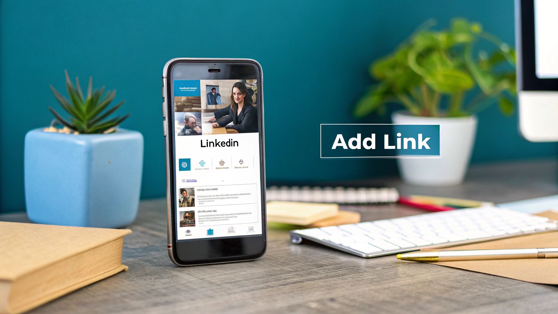 A smartphone screen showing the LinkedIn app, with 'Add Link' text overlay, on a wooden desk.