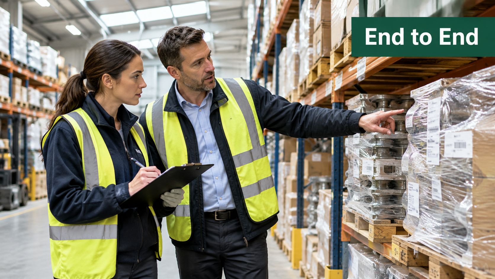 Two warehouse employees in high-visibility vests checking inventory items on a shelf with a clipboard.