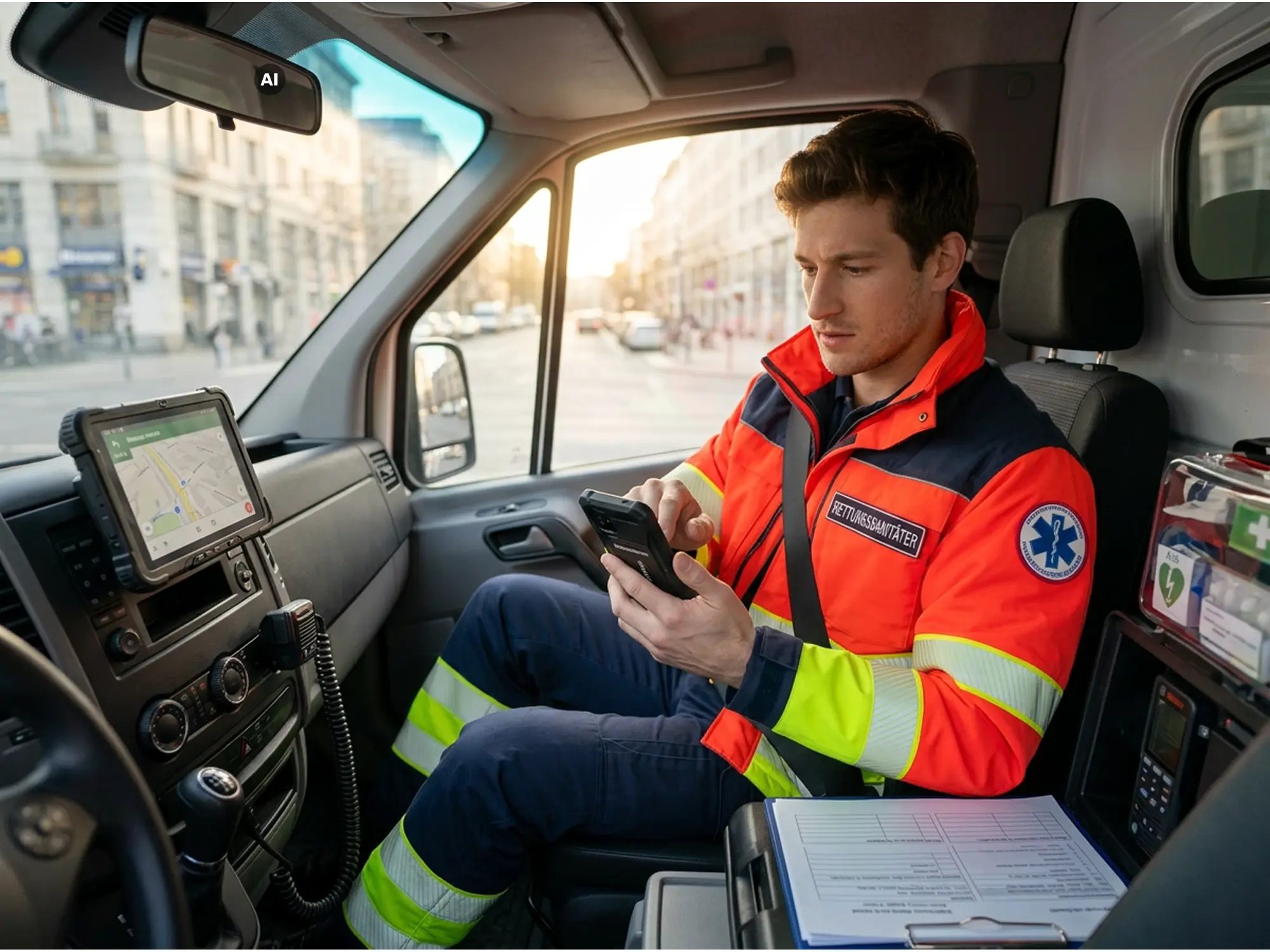 Notfallsanitäter im Auto bei Nutzung der Ampullarium-App