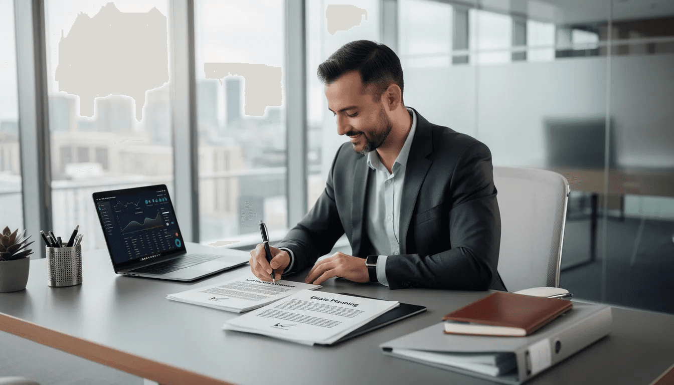 A professional advisor is seated at a modern office desk, carefully reviewing estate planning documents, including a trust document, to ensure compliance with legal guidance and effectively manage trust assets for beneficiaries. The setting reflects a focus on proper documentation and the fiduciary duty to protect financial security while structuring distributions for allowable expenses.