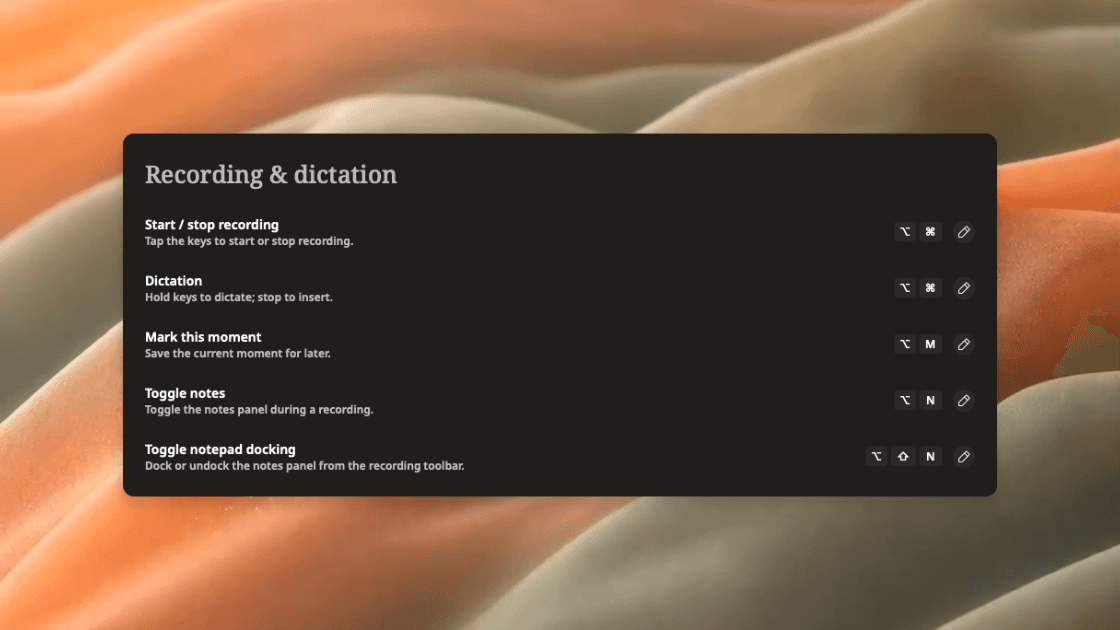 Weeve shortcut settings distinguish holding keys for Dictation from toggling a saved recording.
