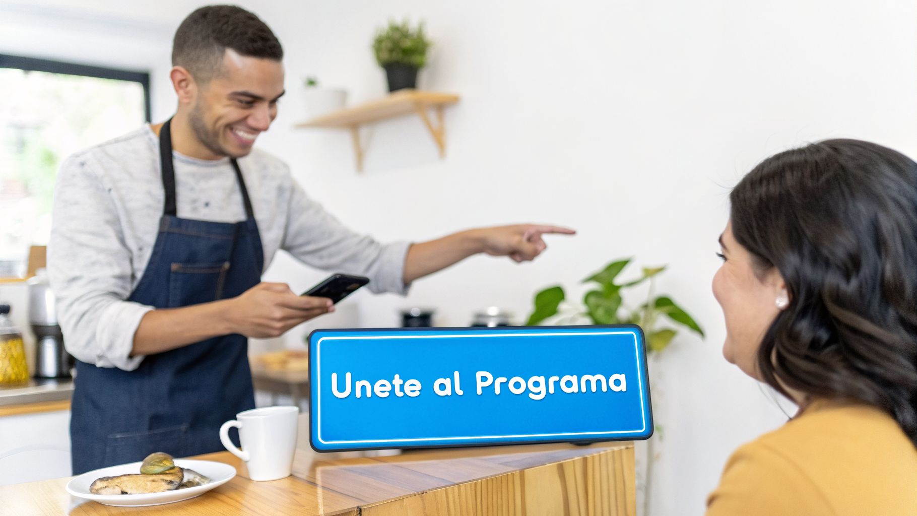 Un barista sonriente señalando a una clienta feliz, con un cartel de 