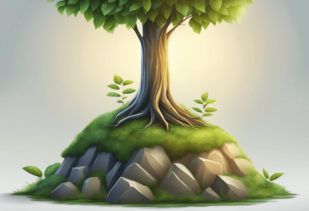 A young sapling growing beside a sturdy tree, symbolizing career growth and support for new talent