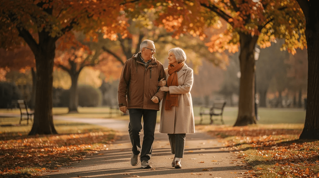An older couple strolls hand in hand along a picturesque tree-lined path, surrounded by vibrant autumn foliage, symbolizing the joys of life and the importance of planning for retirement. As they walk, they reflect on their financial decisions and investment strategies to secure a comfortable future together.