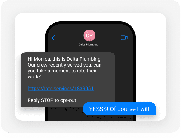 Text message from plumbing company asking for a service rating, with a customer responding positively to the request.