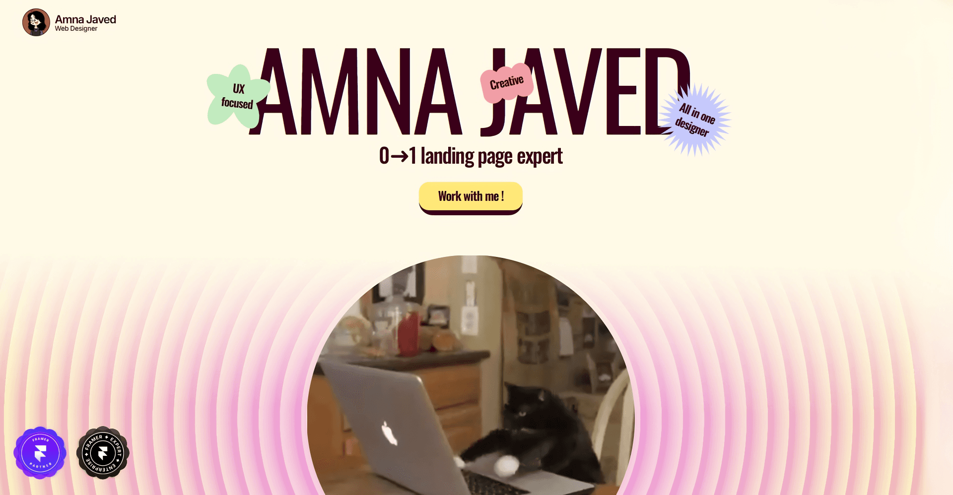 Amna Javed website homepage built with Framer