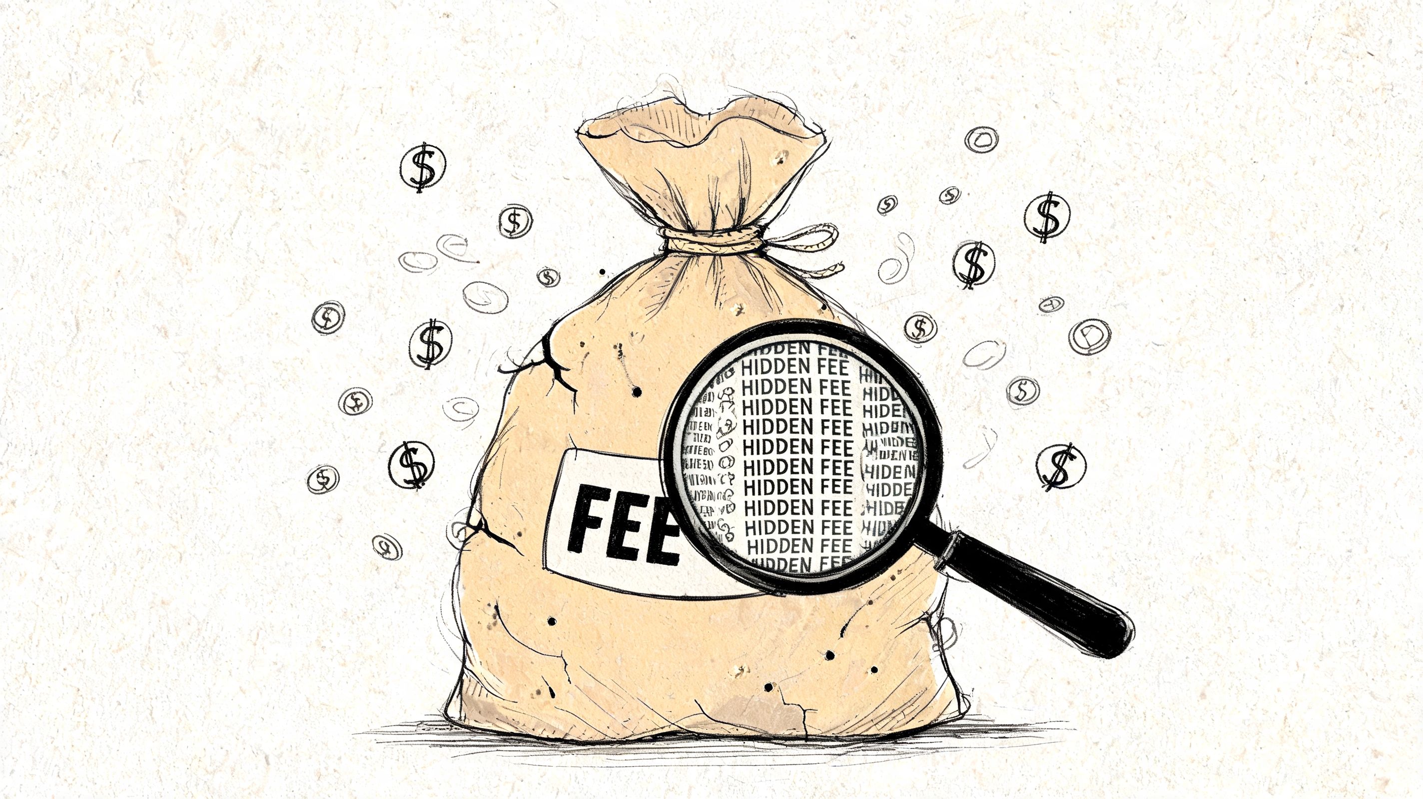 A money bag labeled fees is being examined by a magnifying glass revealing hidden fees inside.