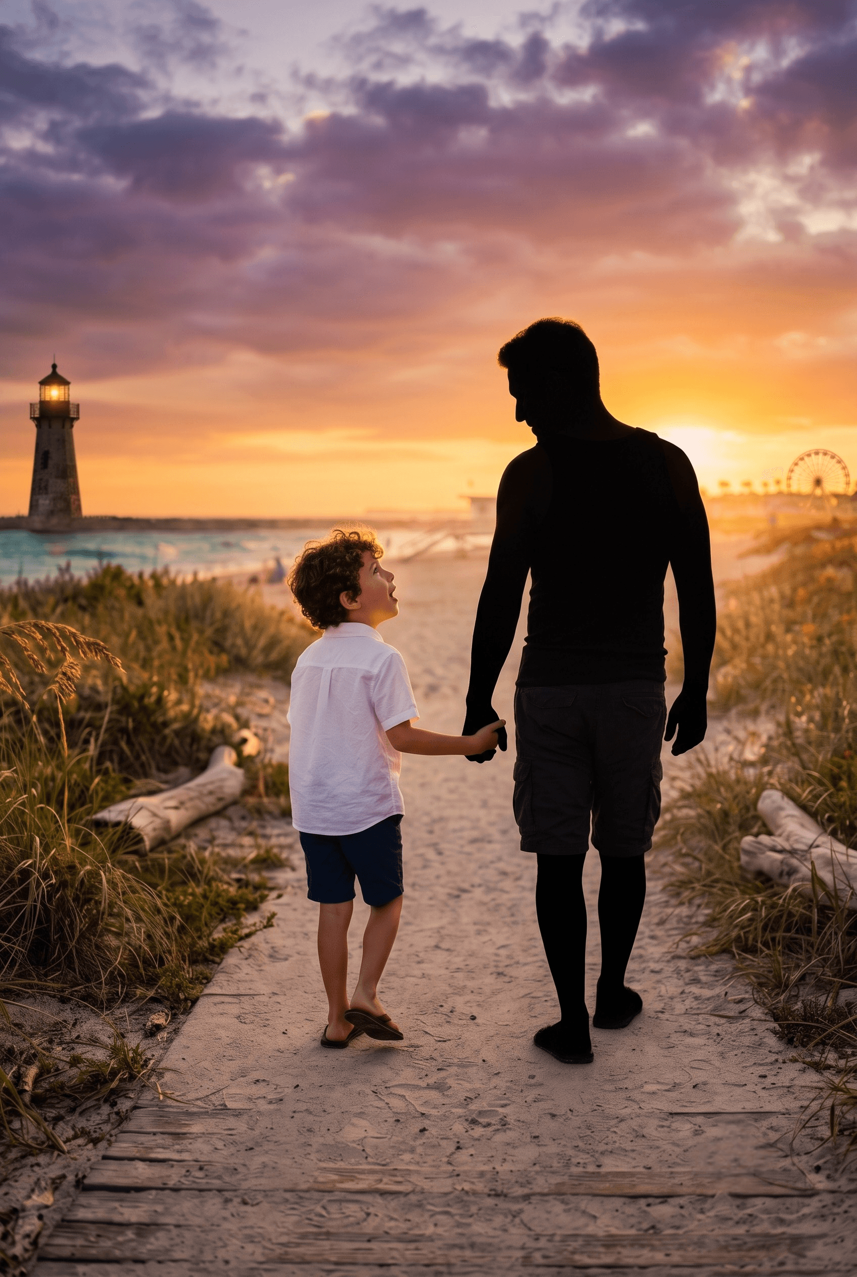 A boy and his father walking toward the light