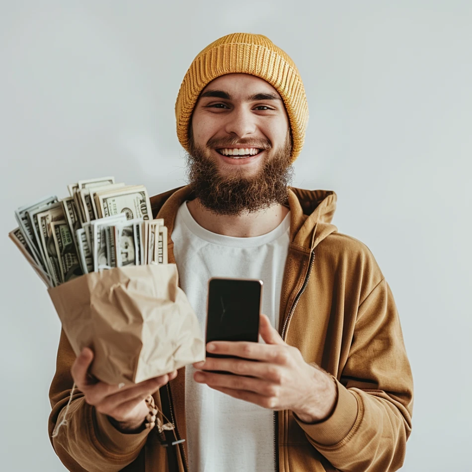 A happy affiliate earning money with their phone in their hand