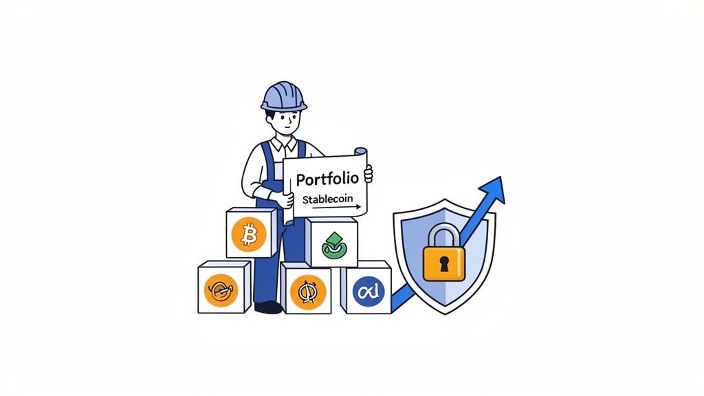A cartoon financial advisor building a secure cryptocurrency portfolio with various digital assets and a stablecoin.