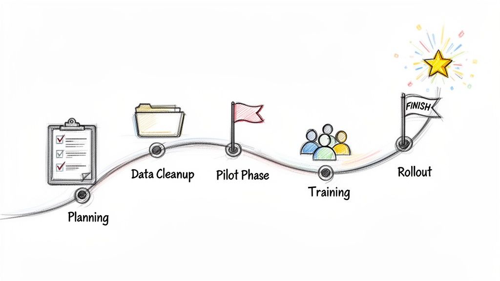 A sketched project timeline showing steps: Planning, Data Cleanup, Pilot Phase, Training, Rollout, leading to a golden star.