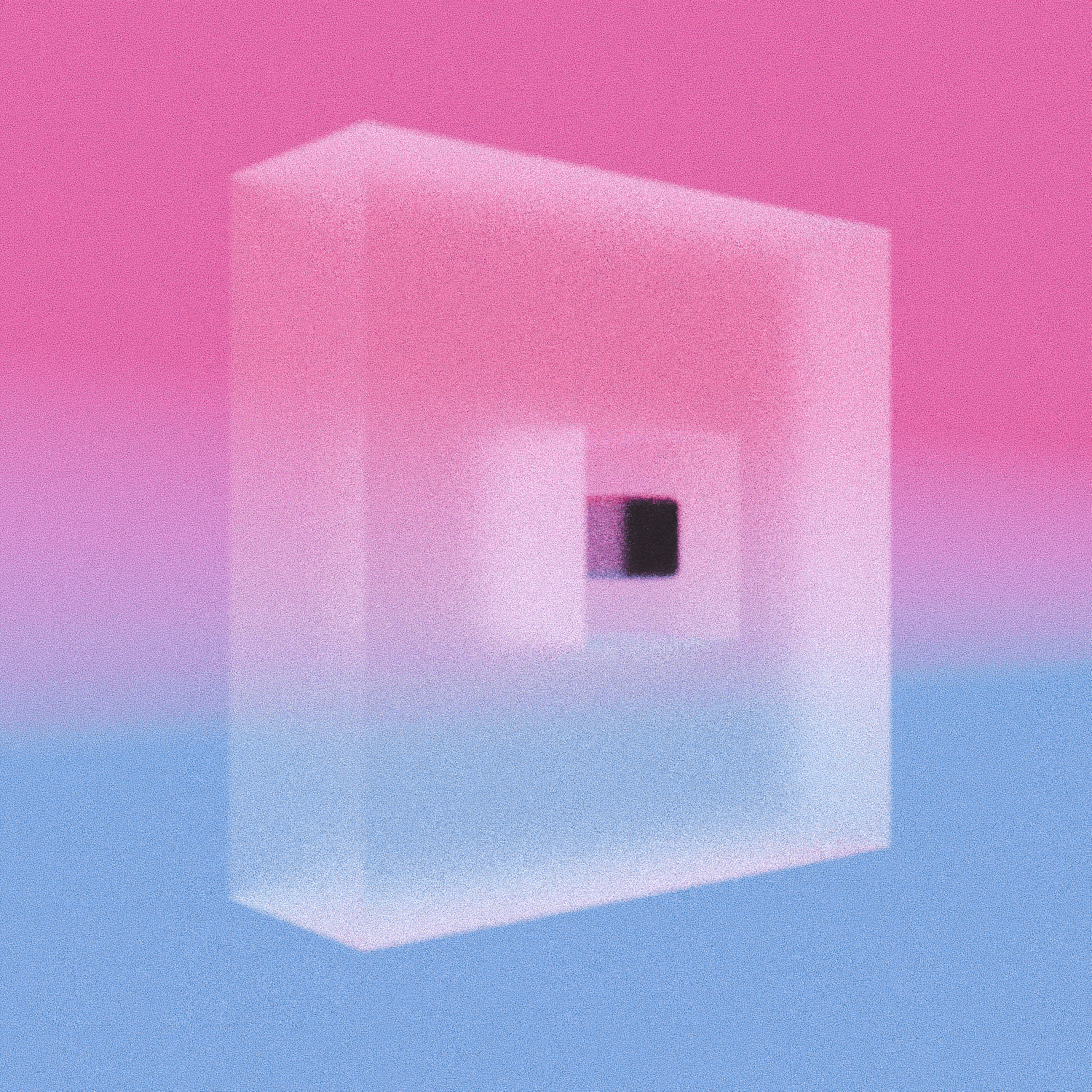 Album cover design featuring an abstract floating translucent cube with a smaller black square inside, set against a pink and blue gradient background.