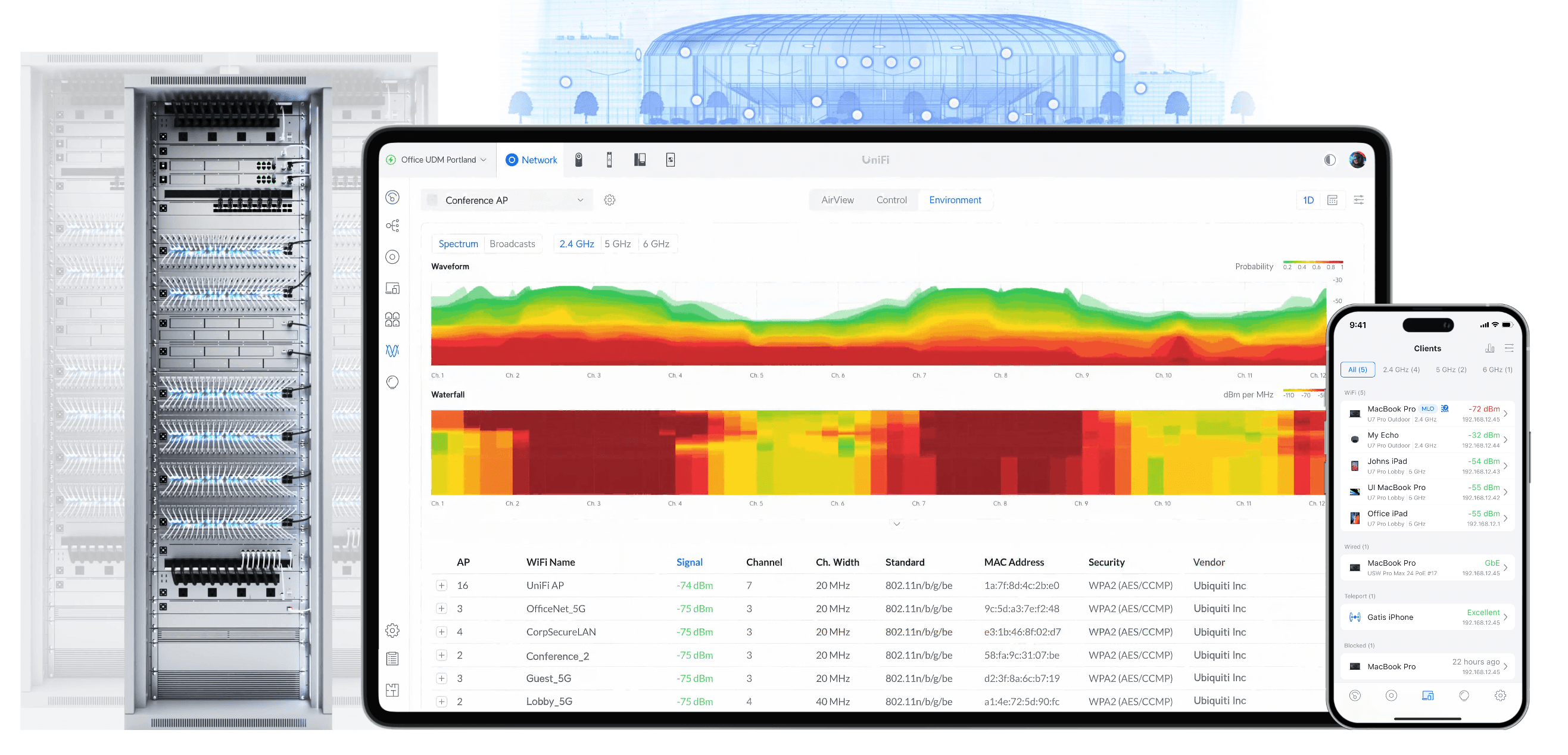 Close-up of lush, dark green leaves, some glossy and wet, against a muted background.