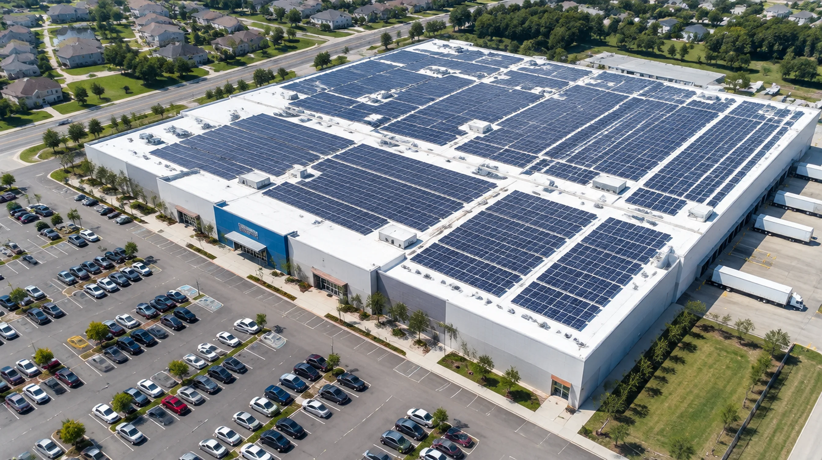 Aerial view of a large commercial warehouse roof covered with solar panels