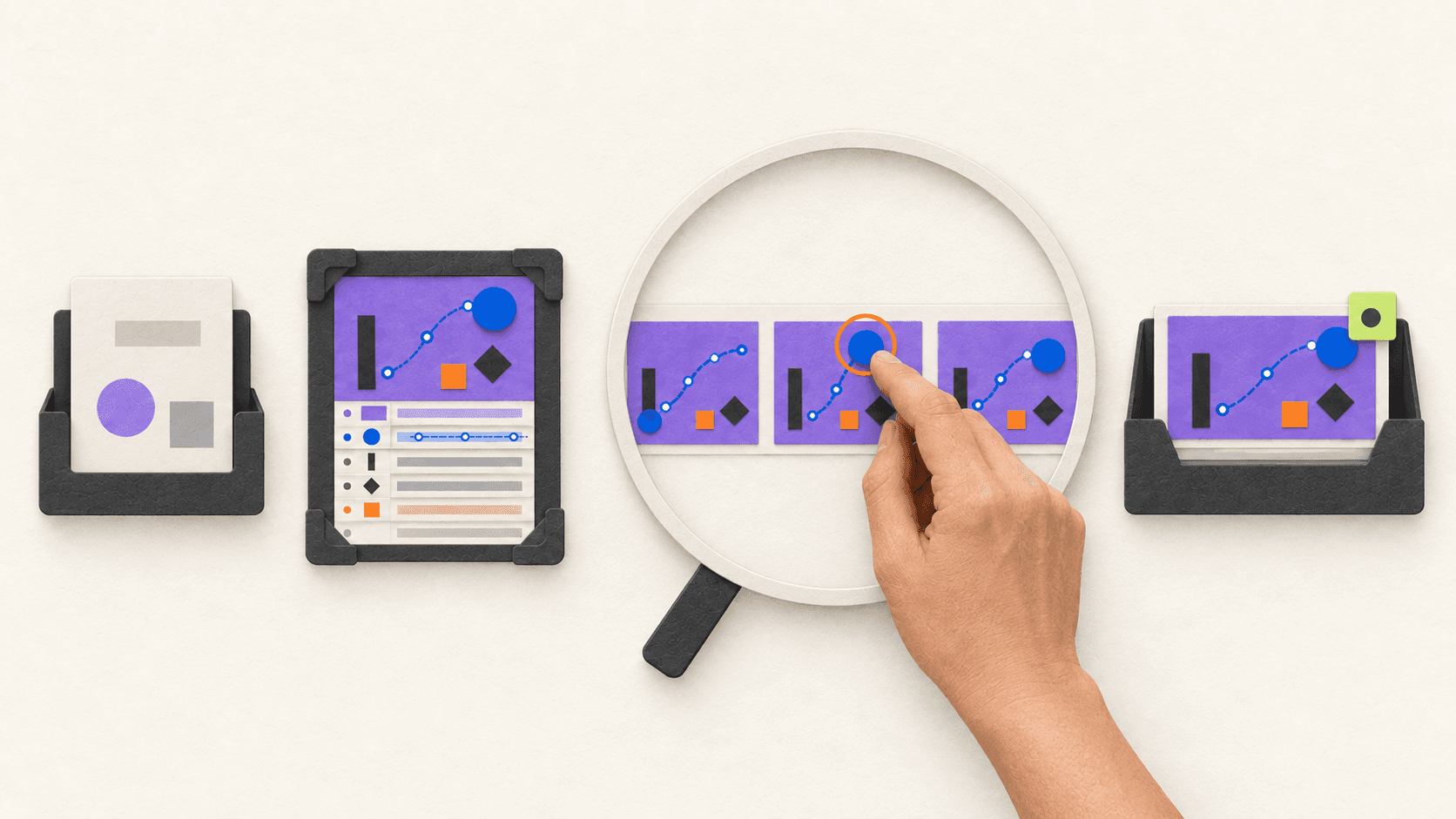 A hand corrects a blue motion element under a magnifying glass before the After Effects composition receives final approval.