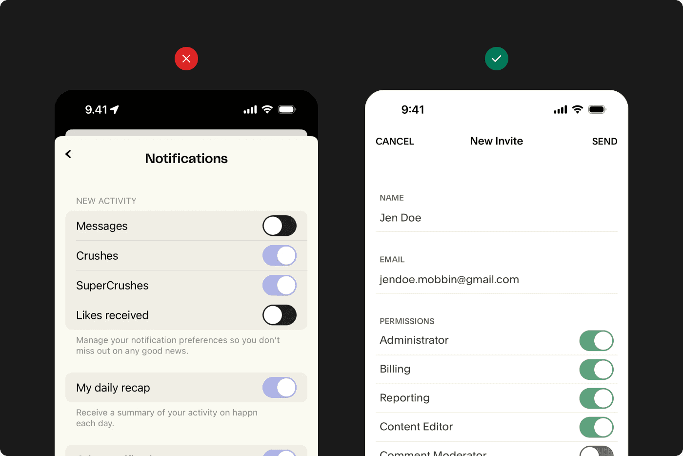 Dois exemplos: o primeiro é uma prática não recomendada com toggles sem contraste. O segundo mostra uma tela de celular com toggles bem contrastantes.
