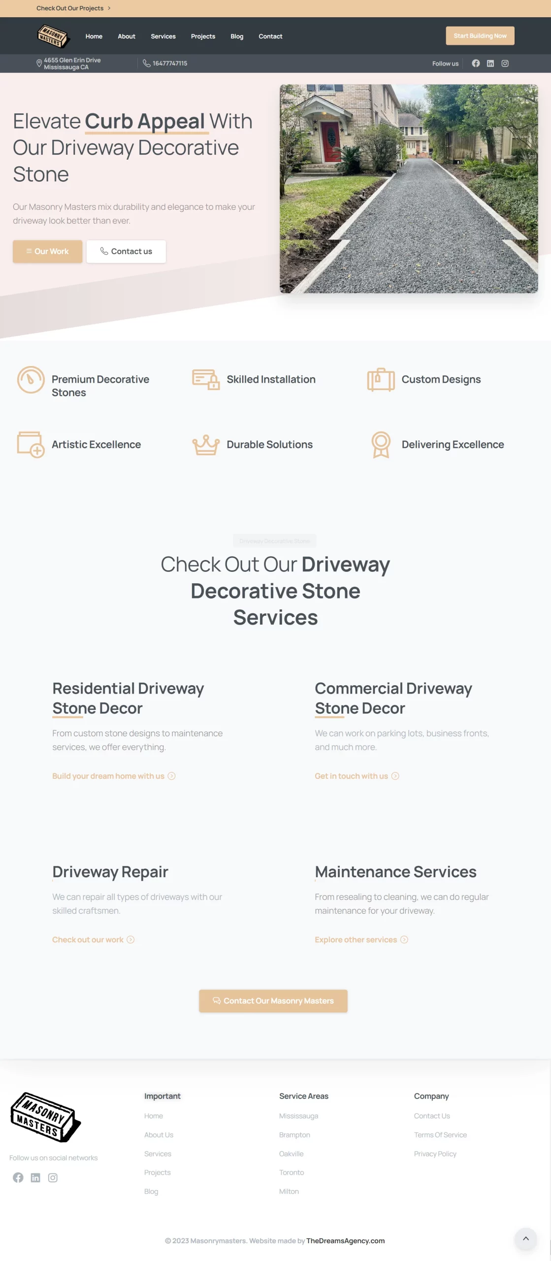 services driveway page for masonrymasters website developed & designed by Dreams Agency Mississauga, Ontario