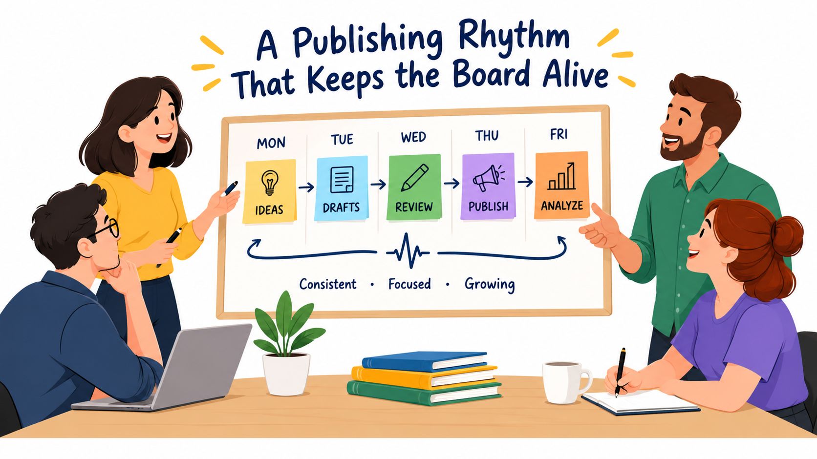 A team of four colleagues collaborating around a whiteboard demonstrating a weekly content publishing workflow process.