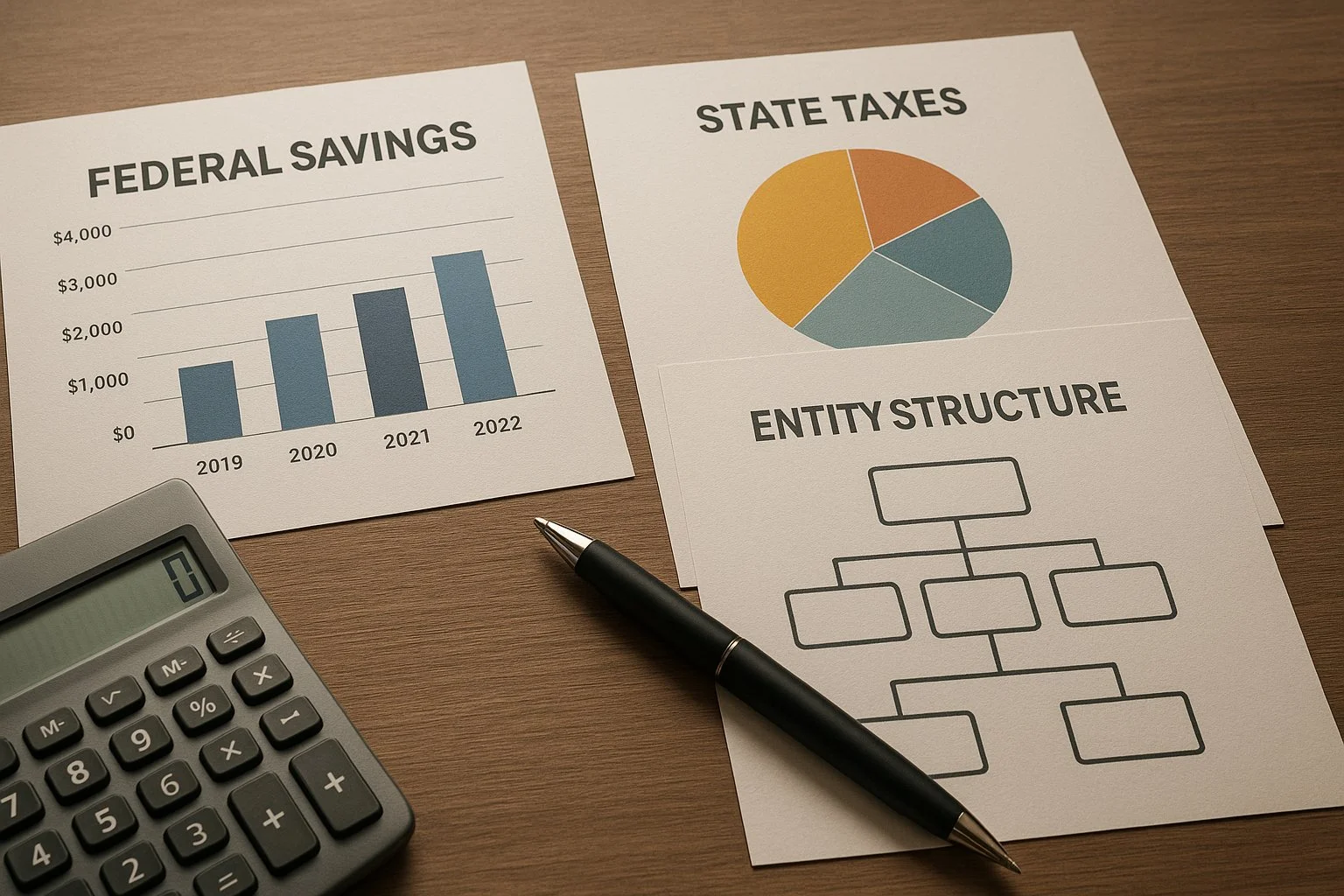 Professional desk with layered charts illustrating federal savings, state taxes, and entity structures, accompanied by a calculator and pen.