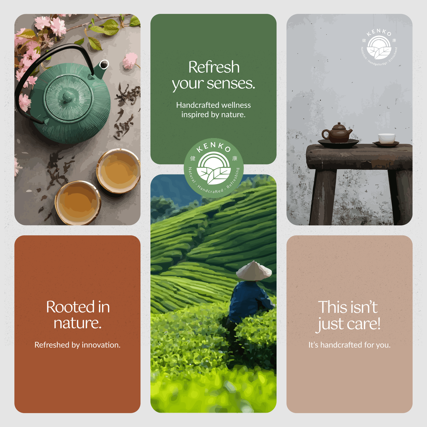 A mood board for the Kenkō brand, featuring images of tea culture, nature, and product inspiration.