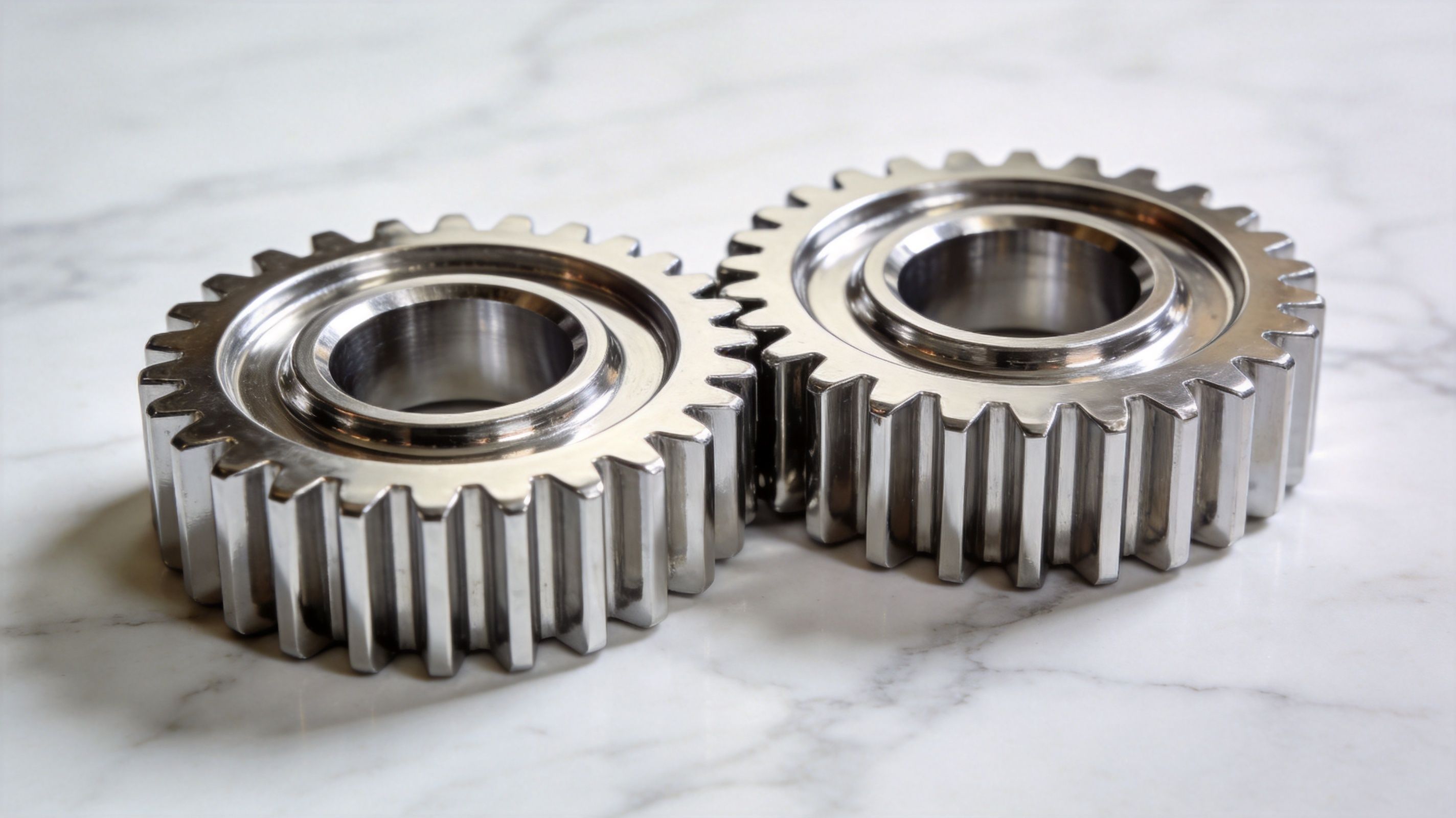 Two polished steel industrial gears placed side by side on a clean white marble background.