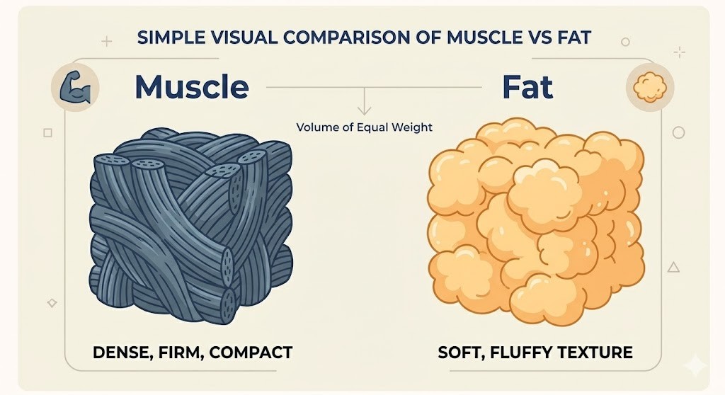 An infographic visual comparison showing muscle is dense and compact while fat is soft and bulky, illustrating how one pound of muscle occupies less space than one pound of fat.