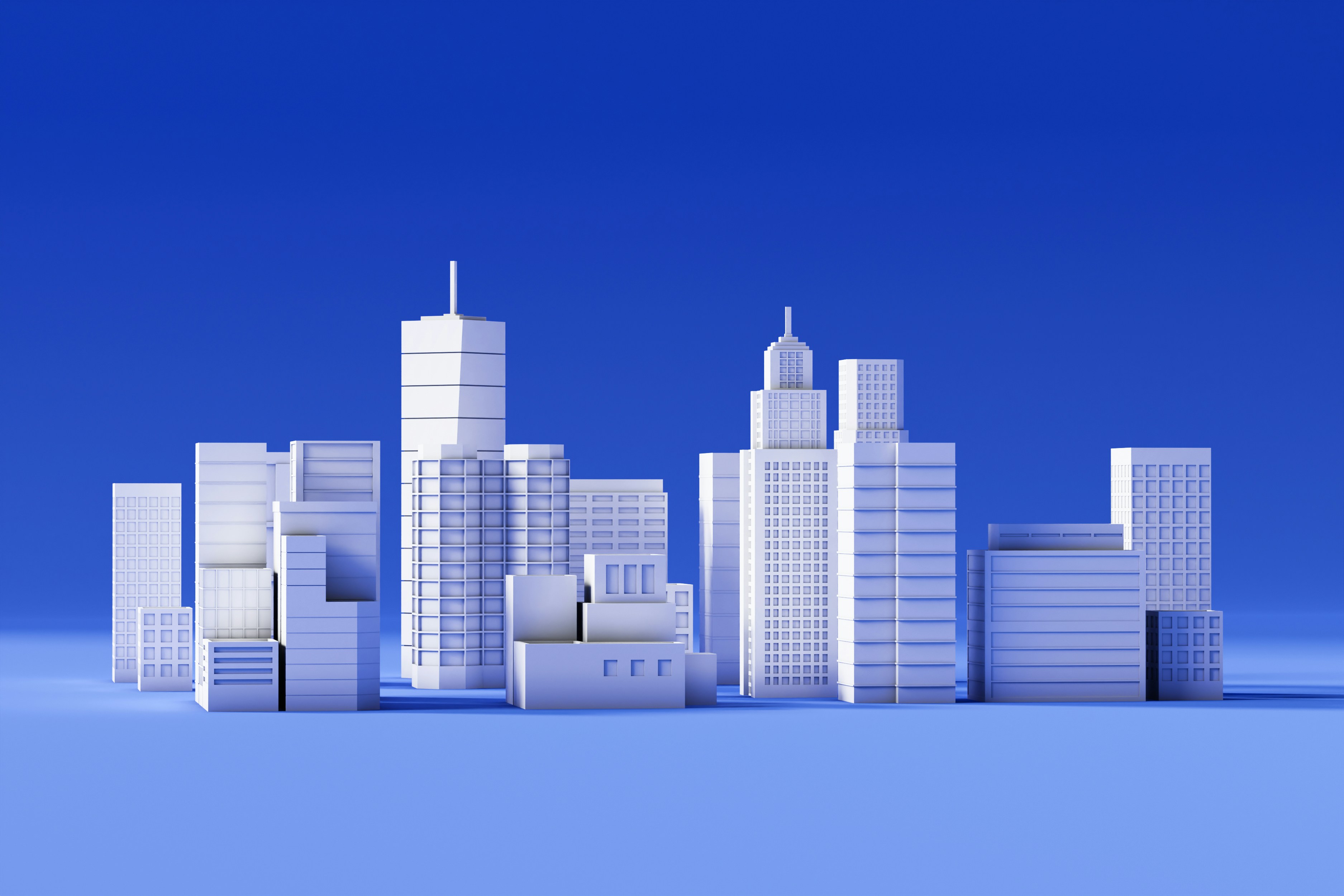 White minimalist cityscape against a blue background