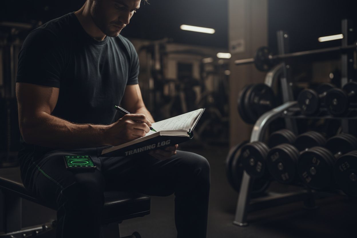 Person writing in a workout journal at the gym