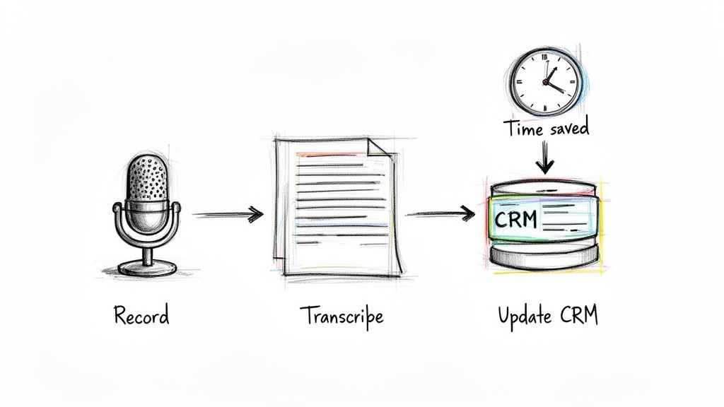 Workflow diagram illustrating recording, transcribing, and updating CRM, highlighting time saved.