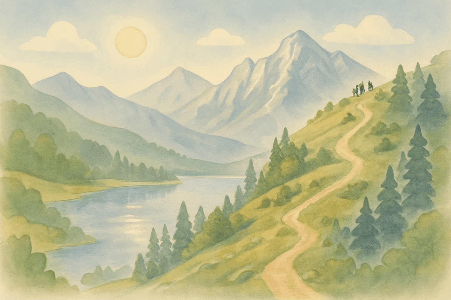 Ilustração em aquarela de uma família caminhando ao fundo por uma trilha na montanha, ao lado de um lago cercado por picos altos. Cena ampla e ensolarada que transmite viagem em família, aventura ao ar livre e exploração da natureza