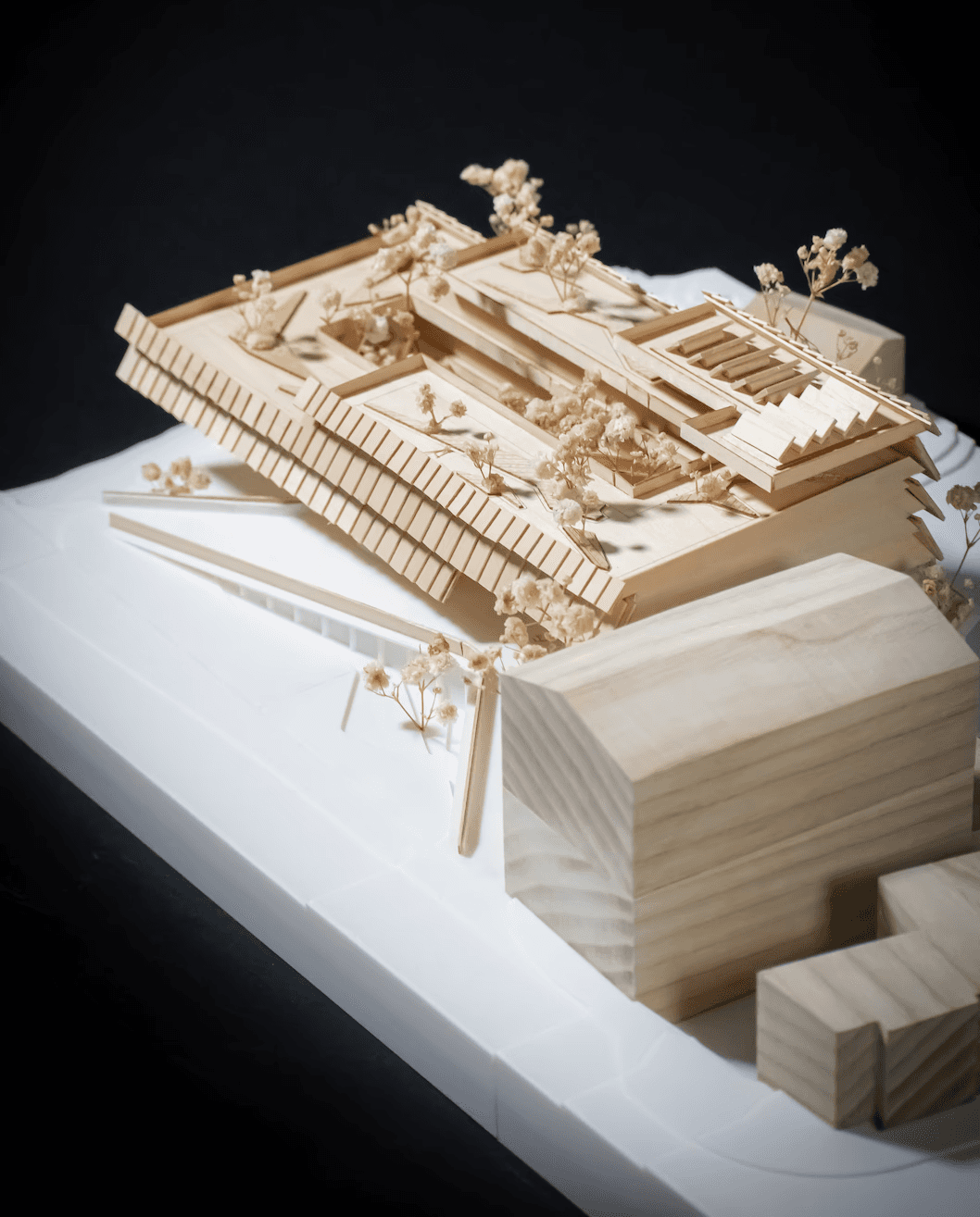 1/16th massing model, made from plywood, ash wood, hand cut basswood, and 3D printed topography.