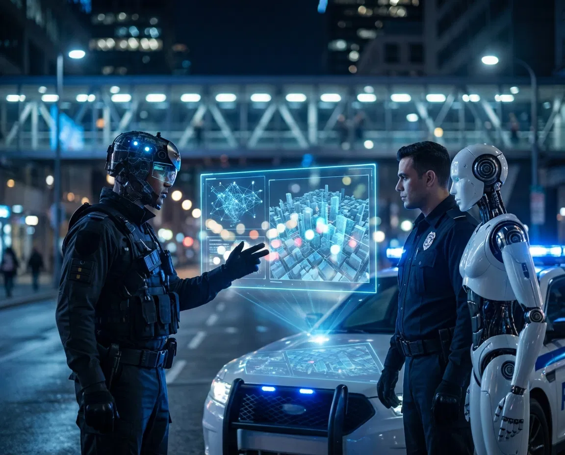 Conceptual illustration of artificial intelligence integrated into modern policing technology.