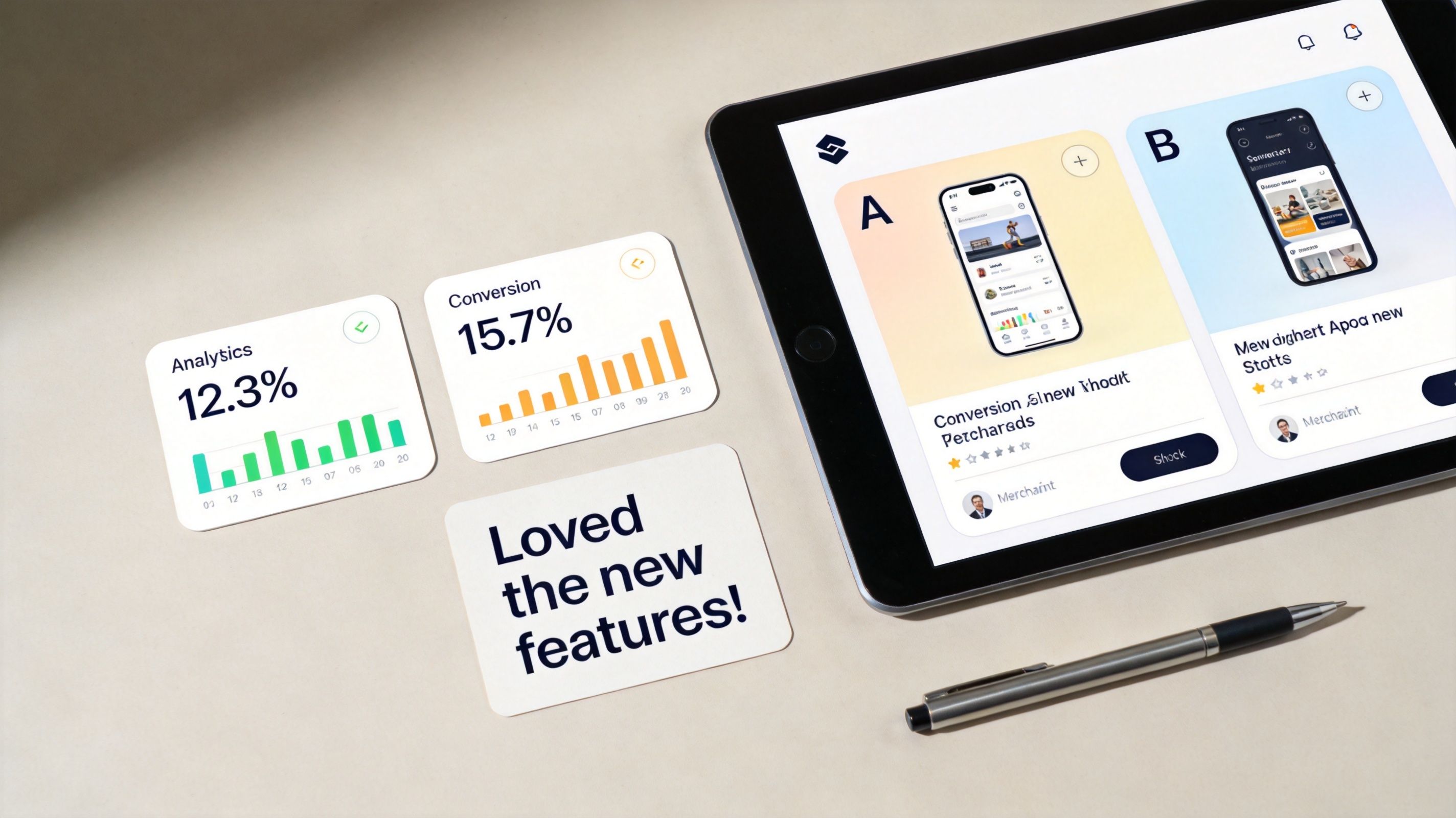 A digital tablet displaying A/B testing data for ecommerce with analytical charts and feedback notes nearby.