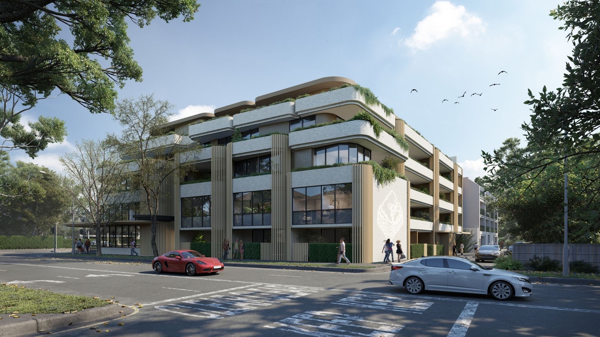 3D exterior visualisation of a modern apartment block development with curved balconies