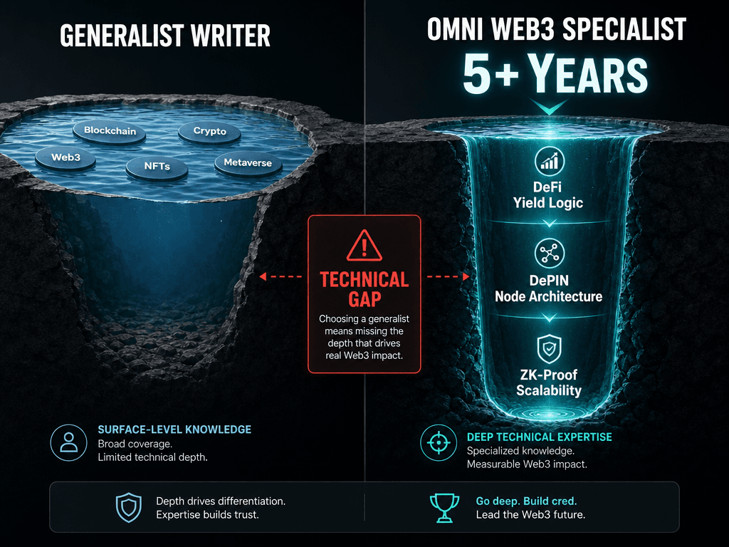 Comparison chart showing technical depth of a generalist writer versus a Web3 specialist for DeFi and DePIN project content creation.