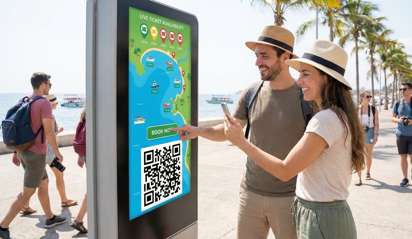 Uma fotografia ao ar livre, em um dia ensolarado, mostra um casal de turistas sorrindo e interagindo com um grande totem digital à beira-mar. A mulher, de chapéu e camiseta branca, aponta com o dedo indicador para um botão verde com a palavra "BOOK NOW" na tela sensível ao toque. O homem ao seu lado, de chapéu e camiseta verde-oliva, segura um smartphone e olha para a tela. A tela exibe um mapa colorido de uma área costeira com o título "LIVE TICKET AVAILABILITY", ícones de barcos e um grande código QR na parte inferior. Ao fundo, um calçadão com palmeiras, pessoas caminhando, o oceano azul e algumas embarcações. O estilo é de férias e descontraído.