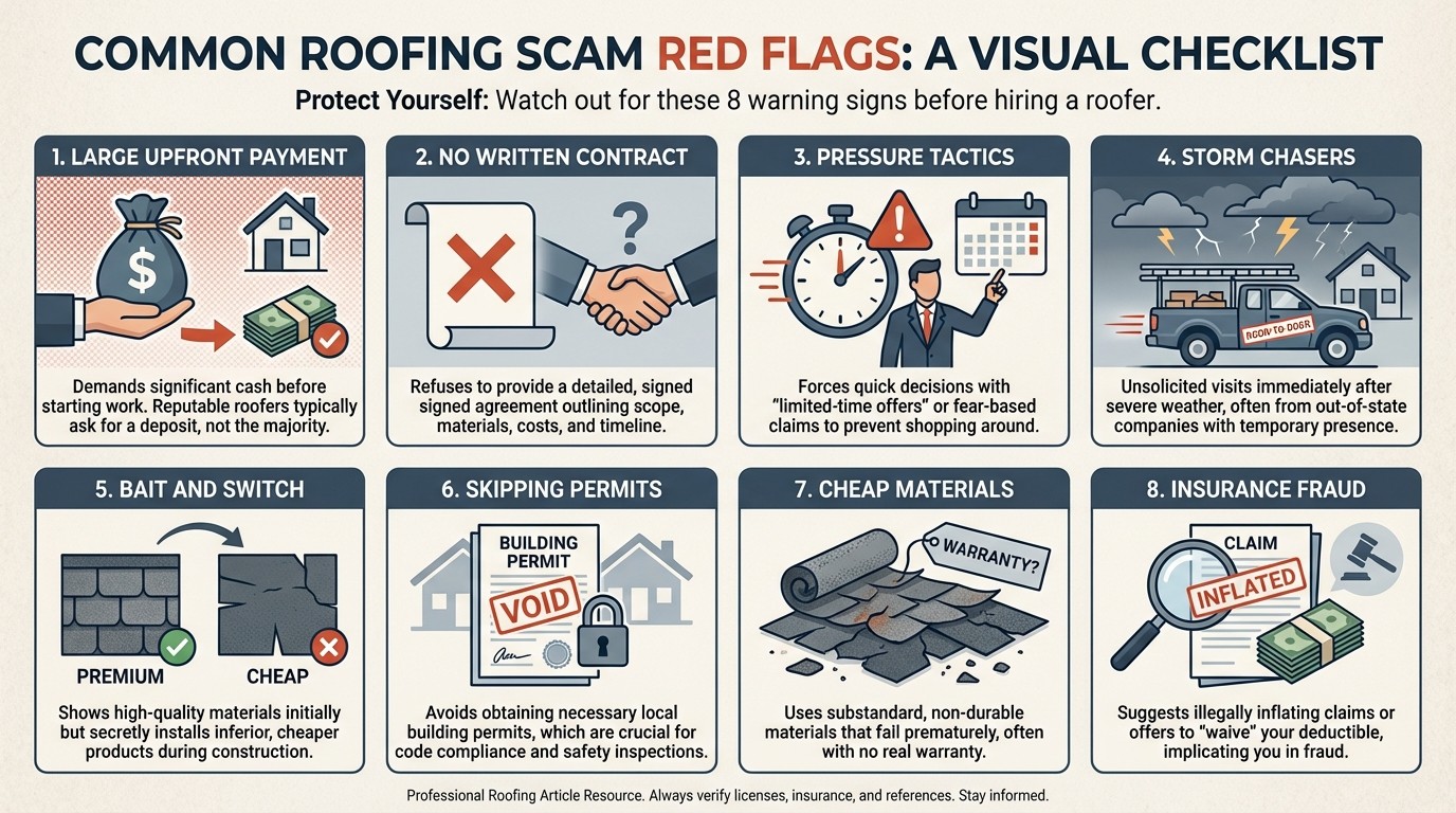 8 roofing scam red flags infographic showing how roofers rip you off