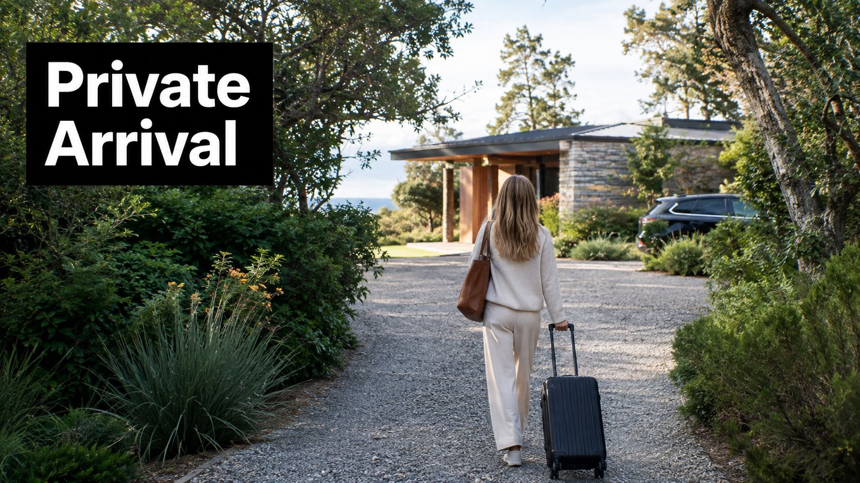A woman carrying a bag and pulling a suitcase toward a luxurious modern house in nature.